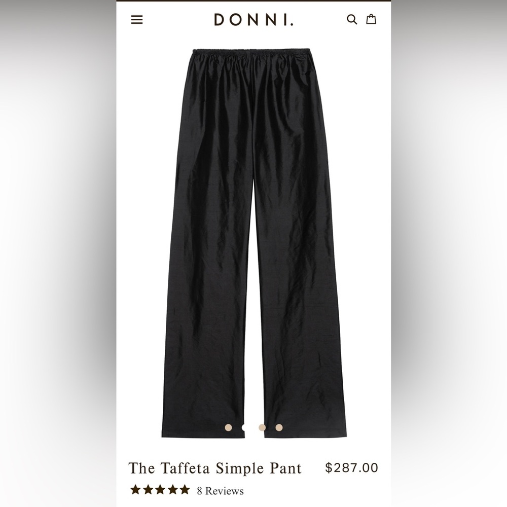 DONNI The Taffeta Simple Pant Jet Black 100% Silk XS BNWT